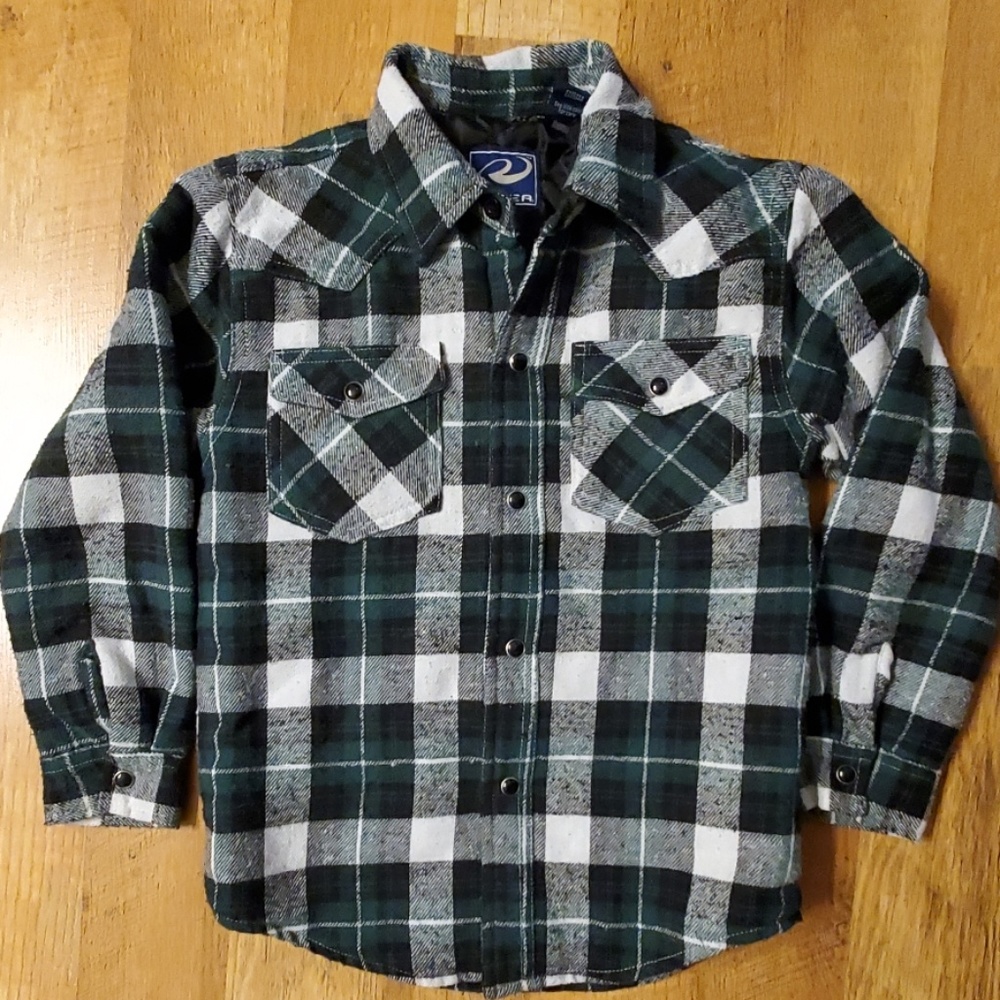 Roper Boys Quilted Green Plaid Flannel Long Sleeve Shirt Size 6-7